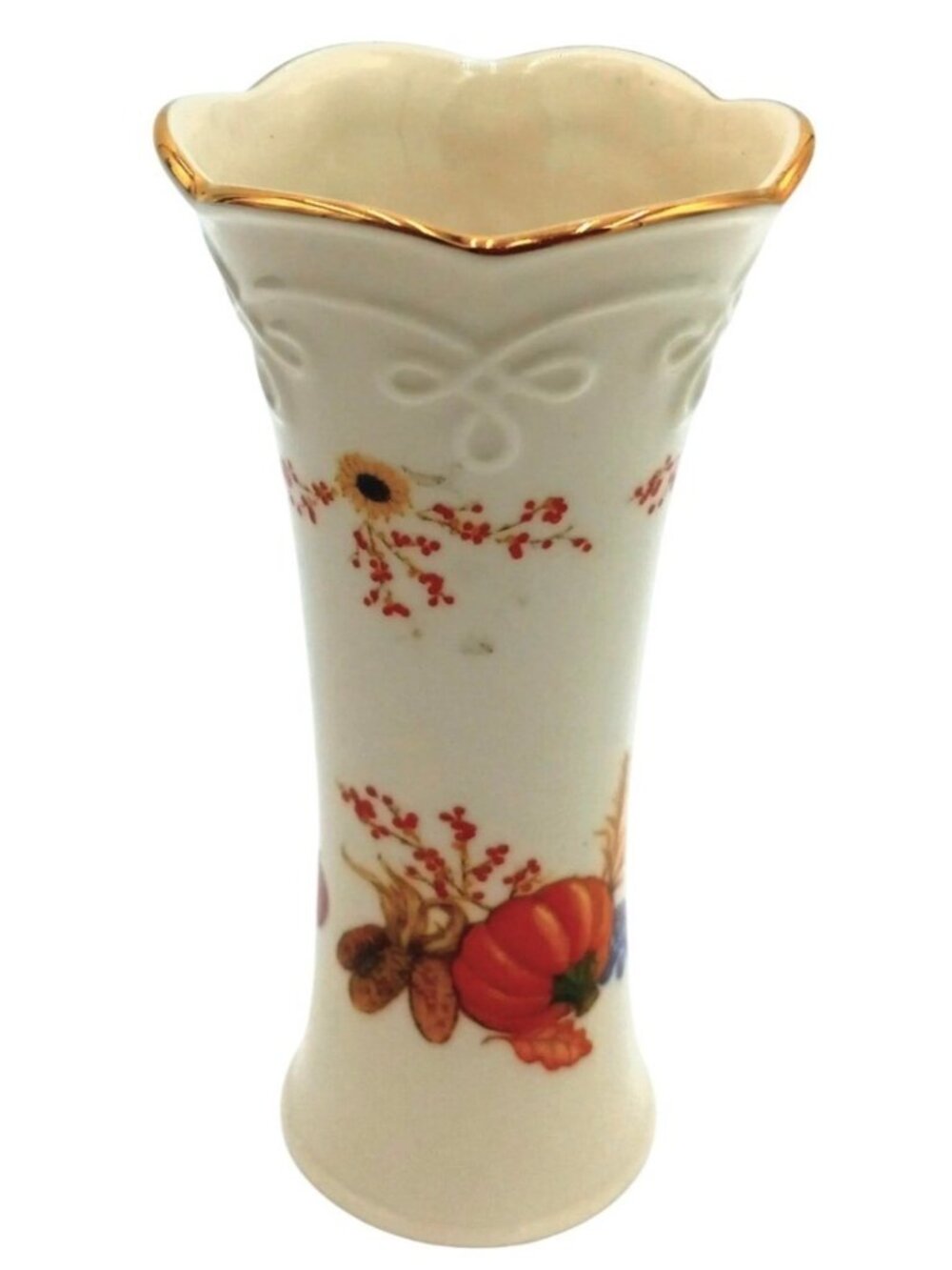 Vintage Lenox Fall Harvest Design Bud Vase 5" Gold Trim Pumpkin Sunflower China - Picture 5 of 16